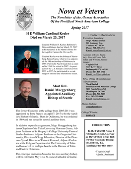 Nova Et Vetera the Newsletter of the Alumni Association of the Pontifical North American College