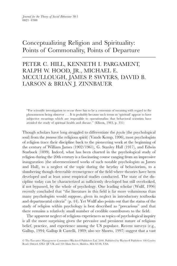 Conceptualizing Religion and Spirituality: Points of Commonality, Points of Departure