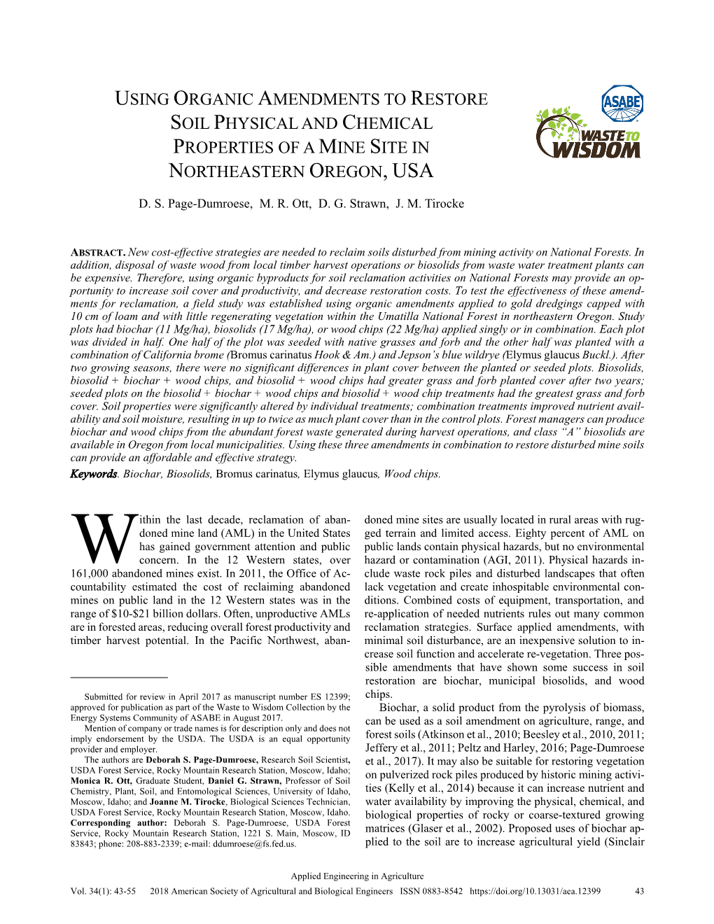 Using Organic Amendments to Restore Soil Physical and Chemical Properties of a Mine Site in Northeastern Oregon, Usa