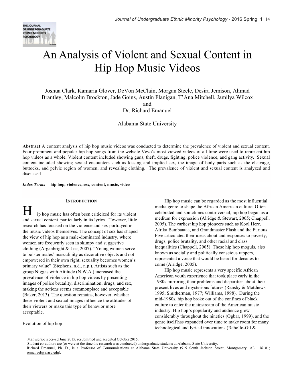 An Analysis of Violent and Sexual Content in Hip Hop Music Videos