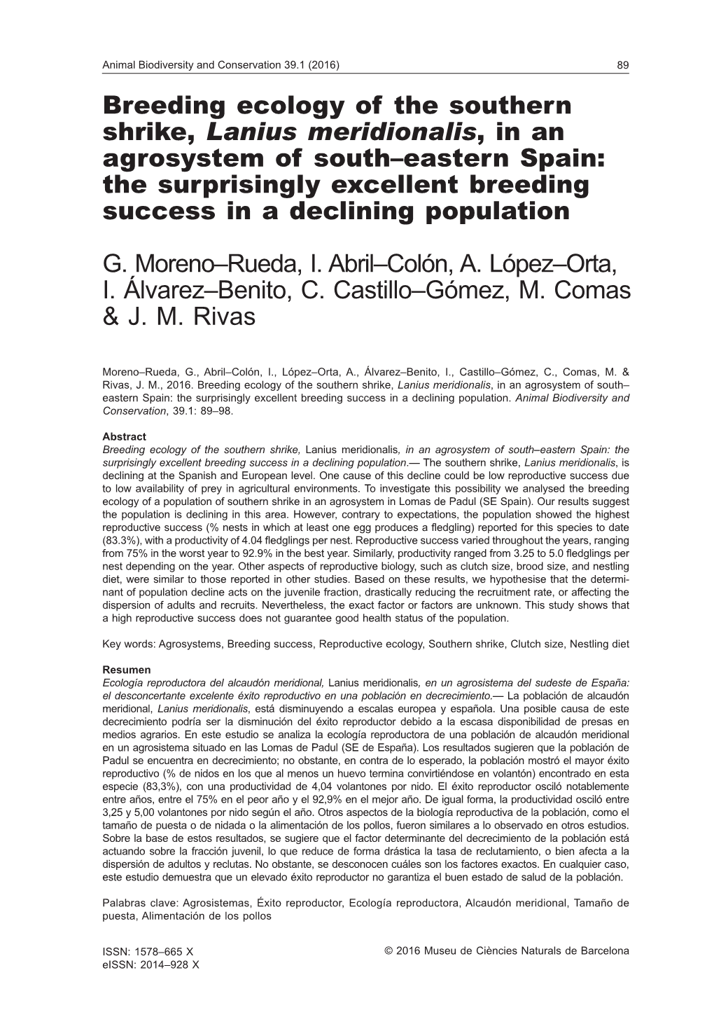 Breeding Ecology of the Southern Shrike, Lanius Meridionalis, in An