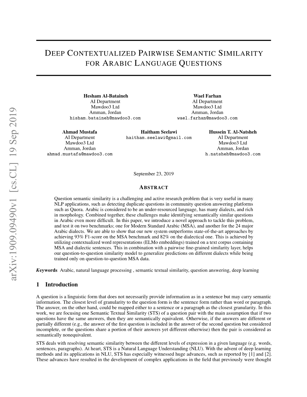 Deep Contextualized Pairwise Semantic Similarity for Arabic Language Questions