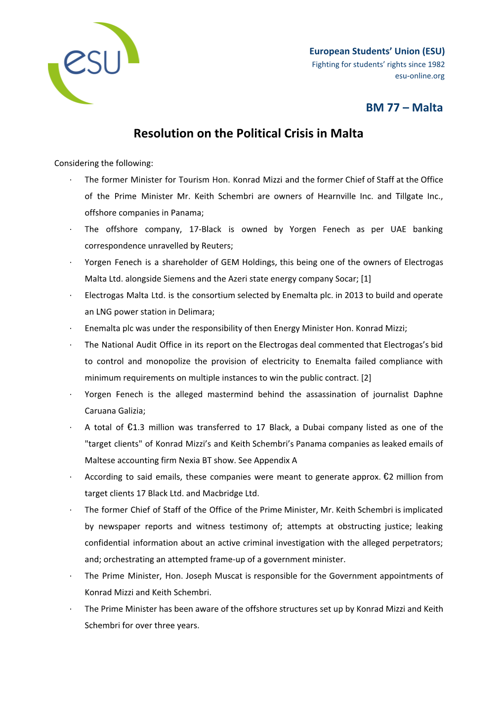 Resolution on the Political Crisis in Malta