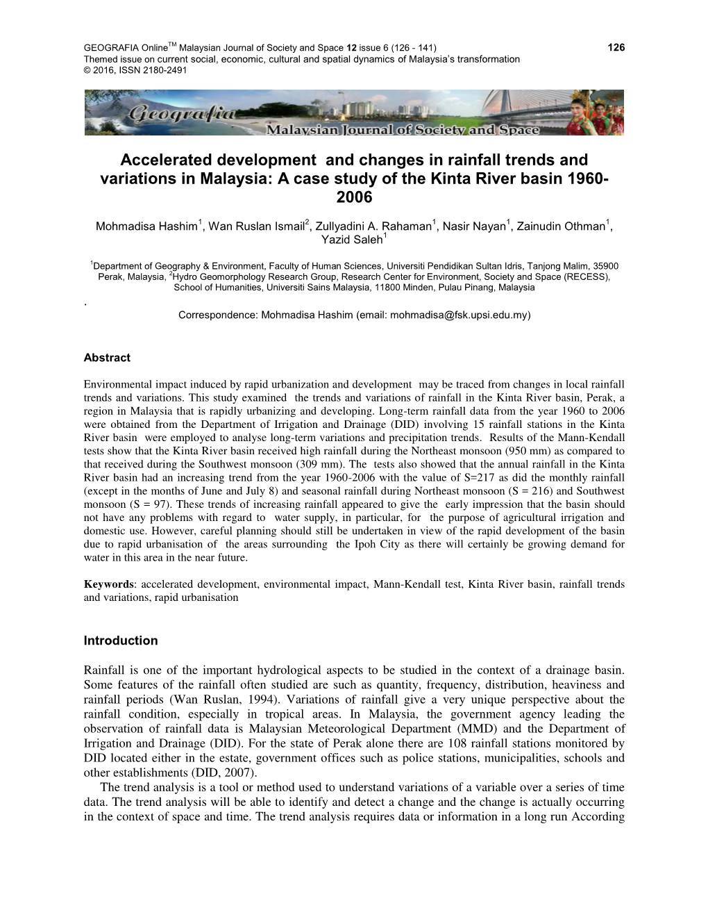 Accelerated Development and Changes in Rainfall Trends and Variations in Malaysia: a Case Study of the Kinta River Basin 1960- 2006