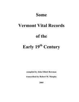 Some Vermont Vital Records of the Early 19 Century