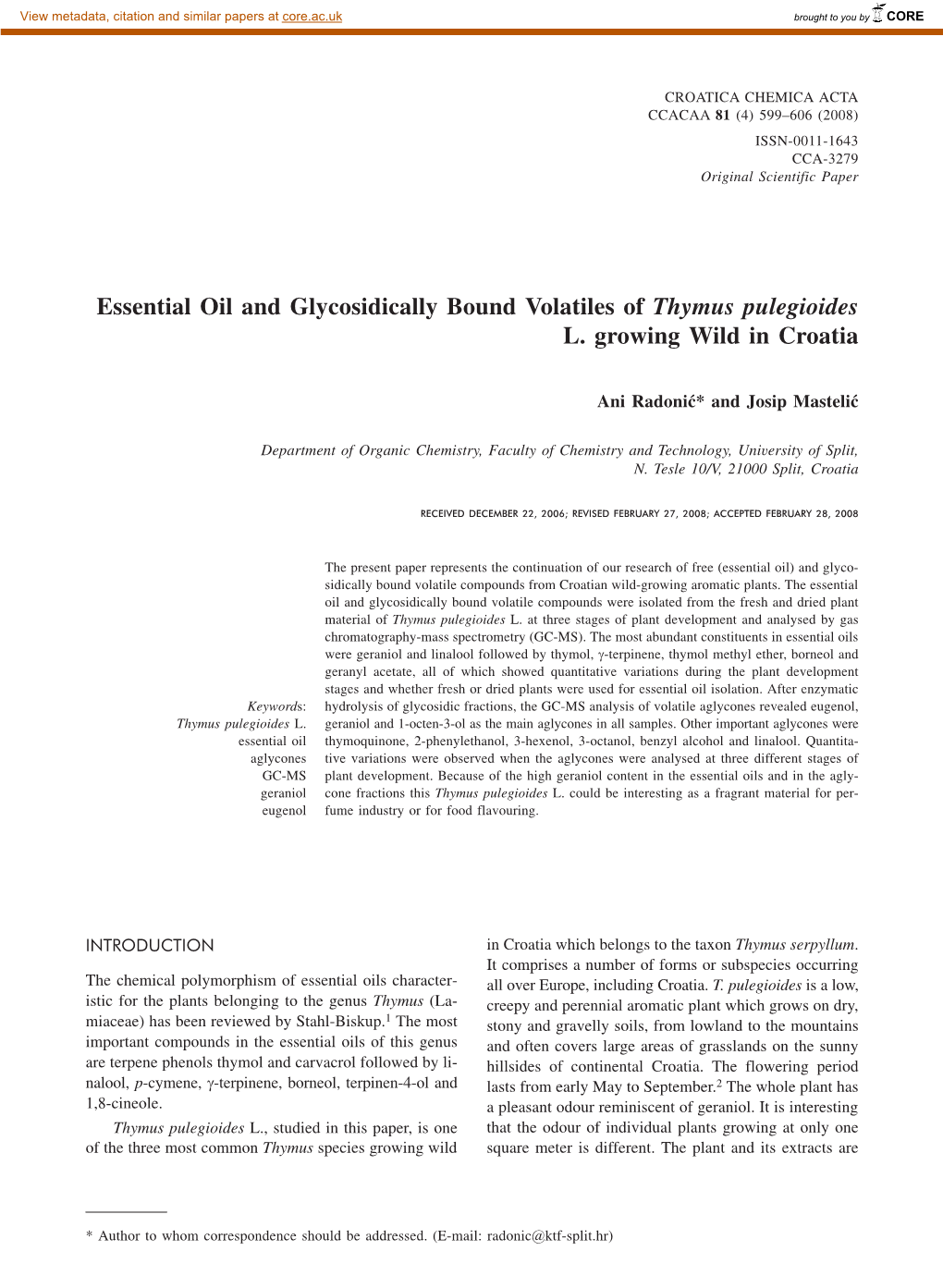 Essential Oil and Glycosidically Bound Volatiles of Thymus Pulegioides L