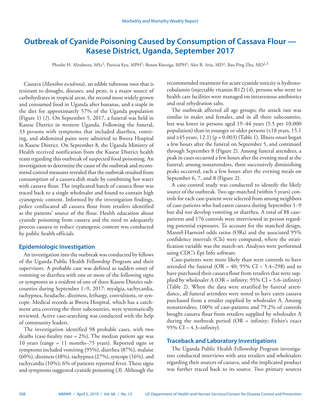 Outbreak of Cyanide Poisoning Caused by Consumption of Cassava Flour — Kasese District, Uganda, September 2017