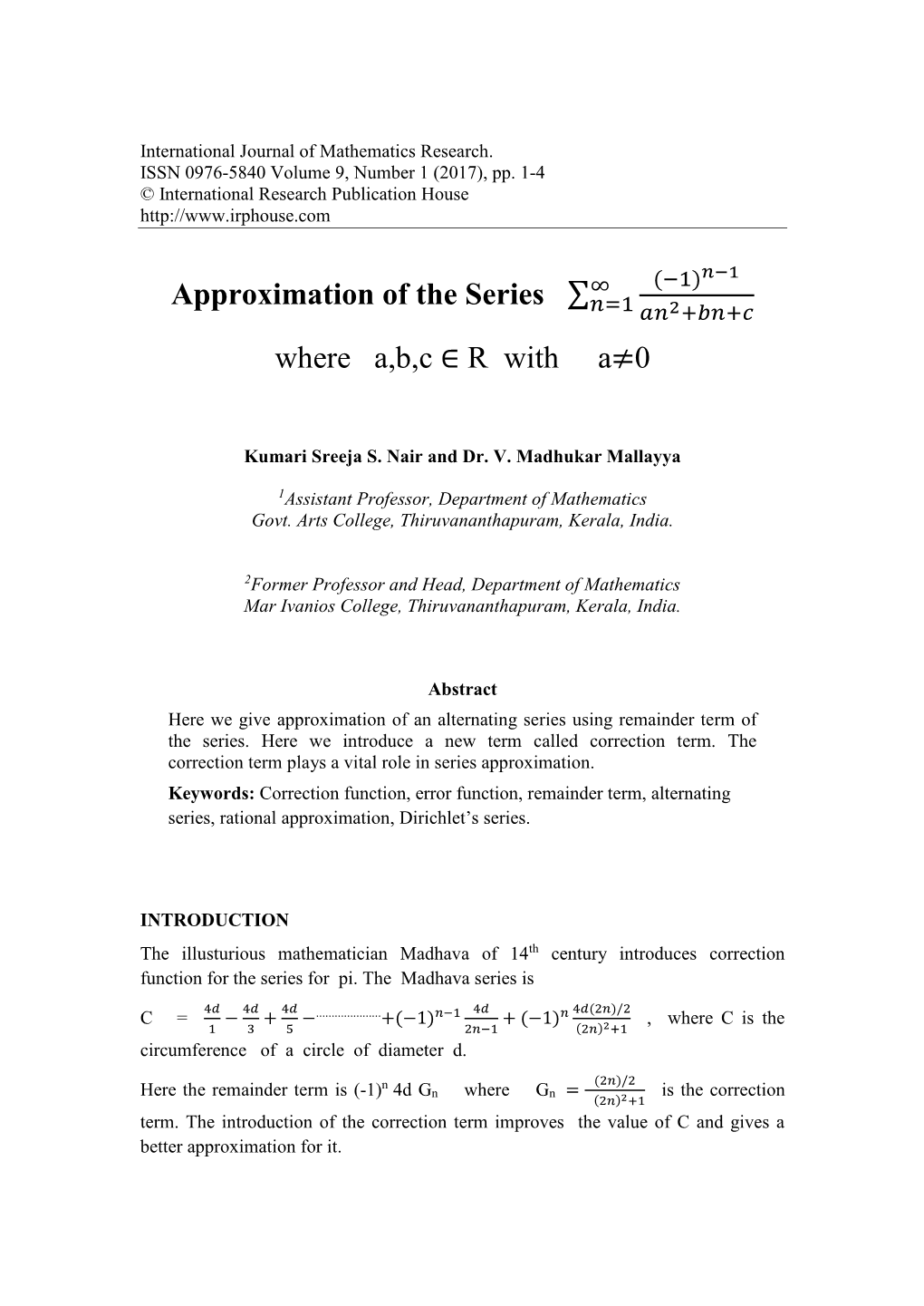 Approximation of the Series ∑ Where A,B,C ∈ R With