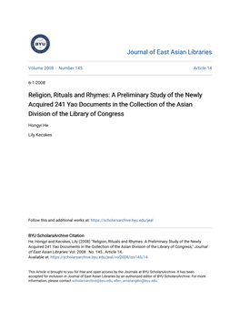 Religion, Rituals and Rhymes: a Preliminary Study of the Newly Acquired 241 Yao Documents in the Collection of the Asian Division of the Library of Congress