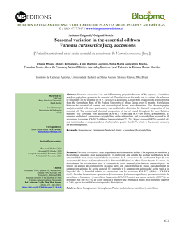 Seasonal Variation in the Essential Oil from Varronia Curassavica Jacq