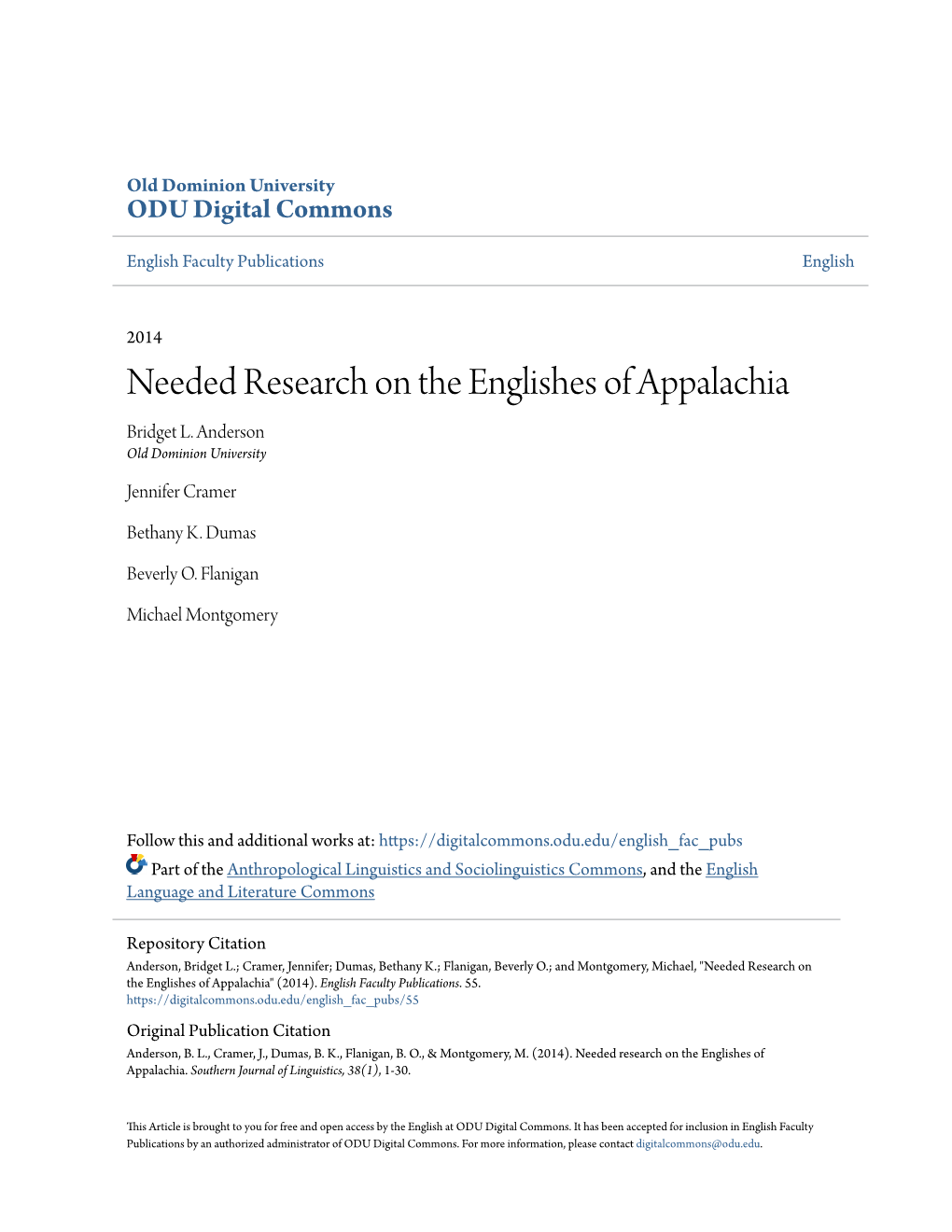 Needed Research on the Englishes of Appalachia Bridget L