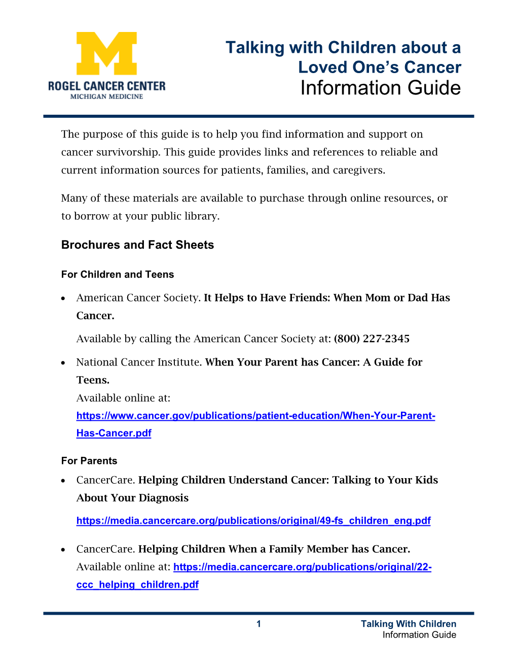 Talking with Children About Cancer Information Guide