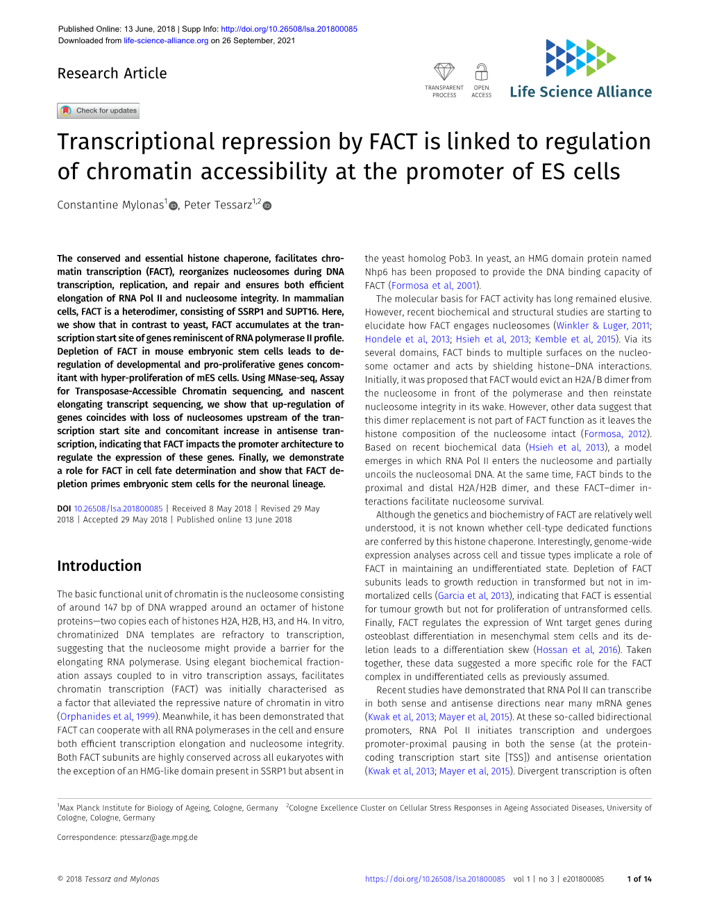 Transcriptional Repression by FACT Is Linked to Regulation of Chromatin Accessibility at the Promoter of ES Cells