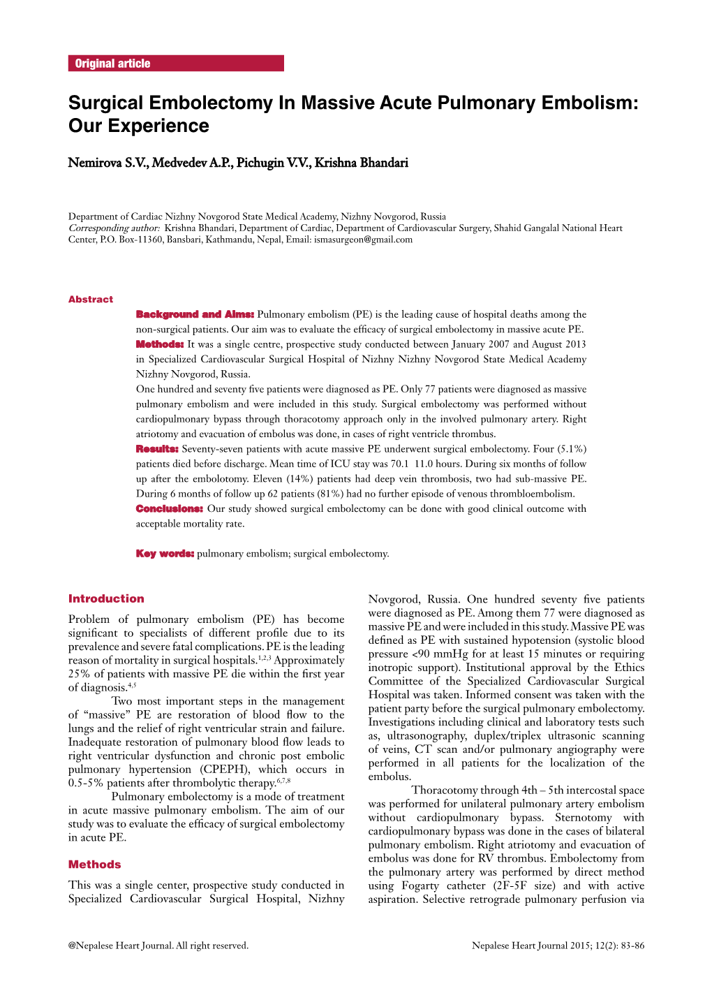 Surgical Embolectomy in Massive Acute Pulmonary Embolism: Our Experience