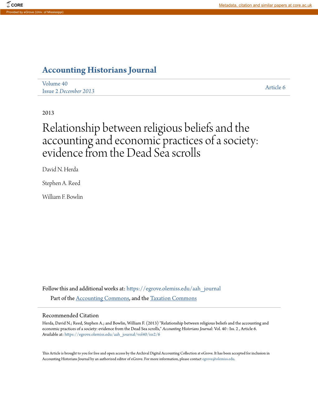 Relationship Between Religious Beliefs and the Accounting and Economic Practices of a Society: Evidence from the Dead Sea Scrolls David N