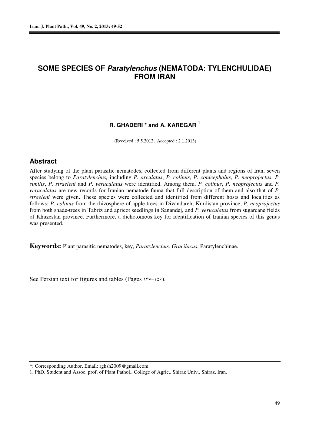 SOME SPECIES of Paratylenchus (NEMATODA: TYLENCHULIDAE) from IRAN