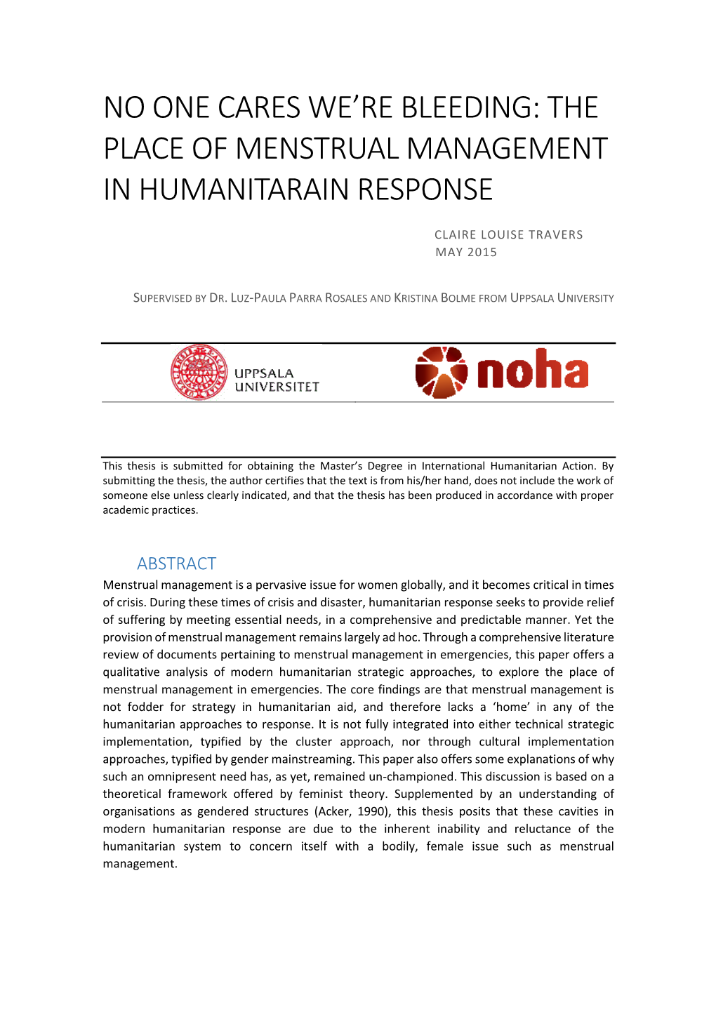 The Place of Menstrual Management in Humanitarain Response