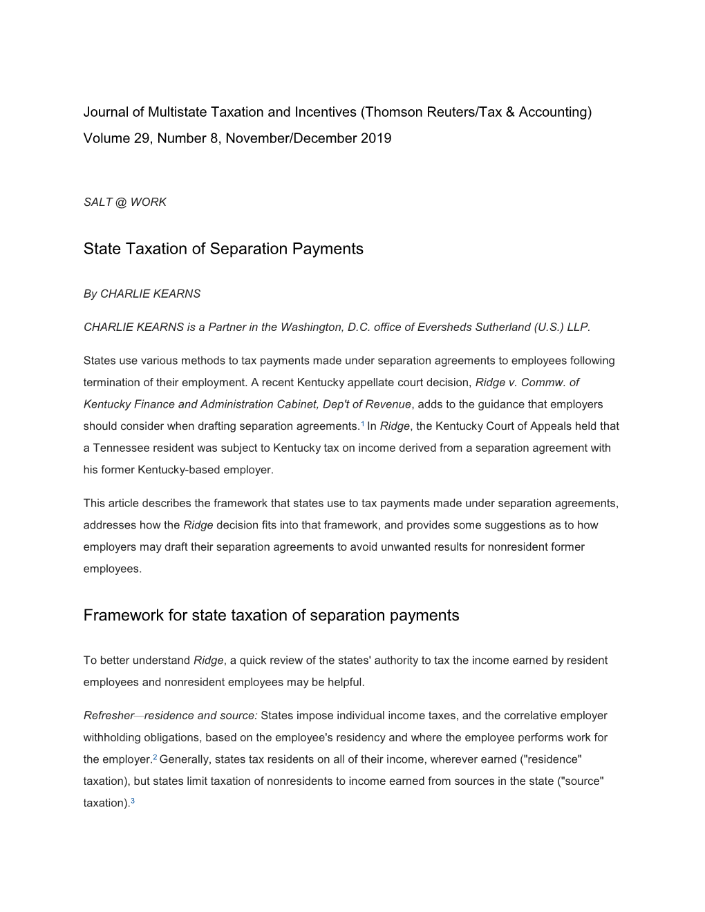 State Taxation of Separation Payments Framework for State