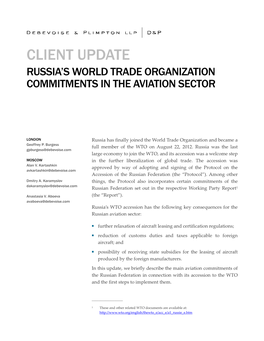 Client Update Russia’S World Trade Organization Commitments in the Aviation Sector