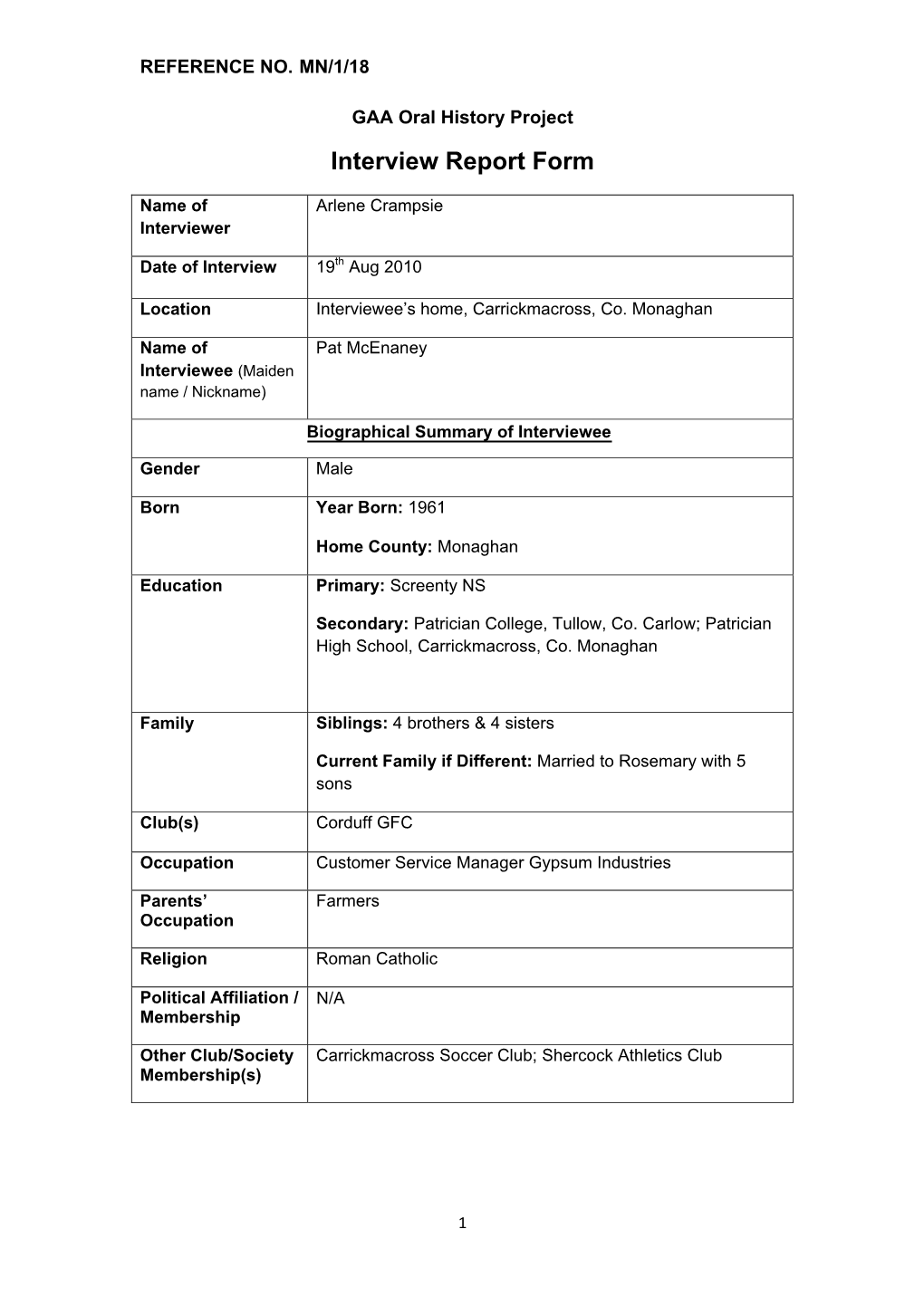 GAA Oral History Project Interview Report Form