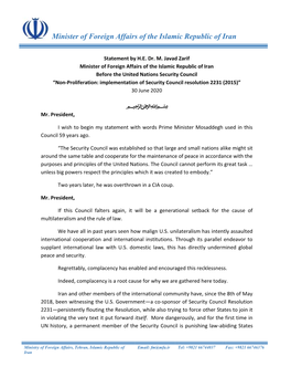 Non-Proliferation: Implementation of Security Council Resolution 2231 (2015)” 30 June 2020