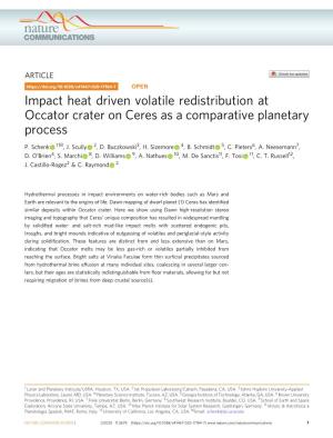 Impact Heat Driven Volatile Redistribution at Occator Crater on Ceres As a Comparative Planetary Process ✉ P