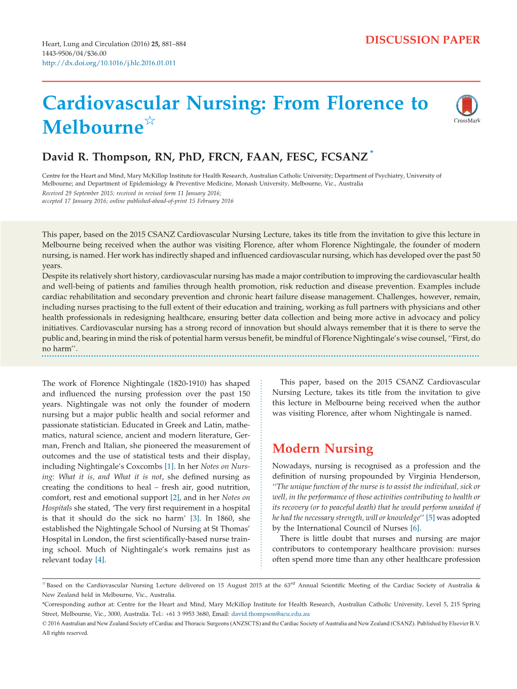 Cardiovascular Nursing: from Florence to Melbourne
