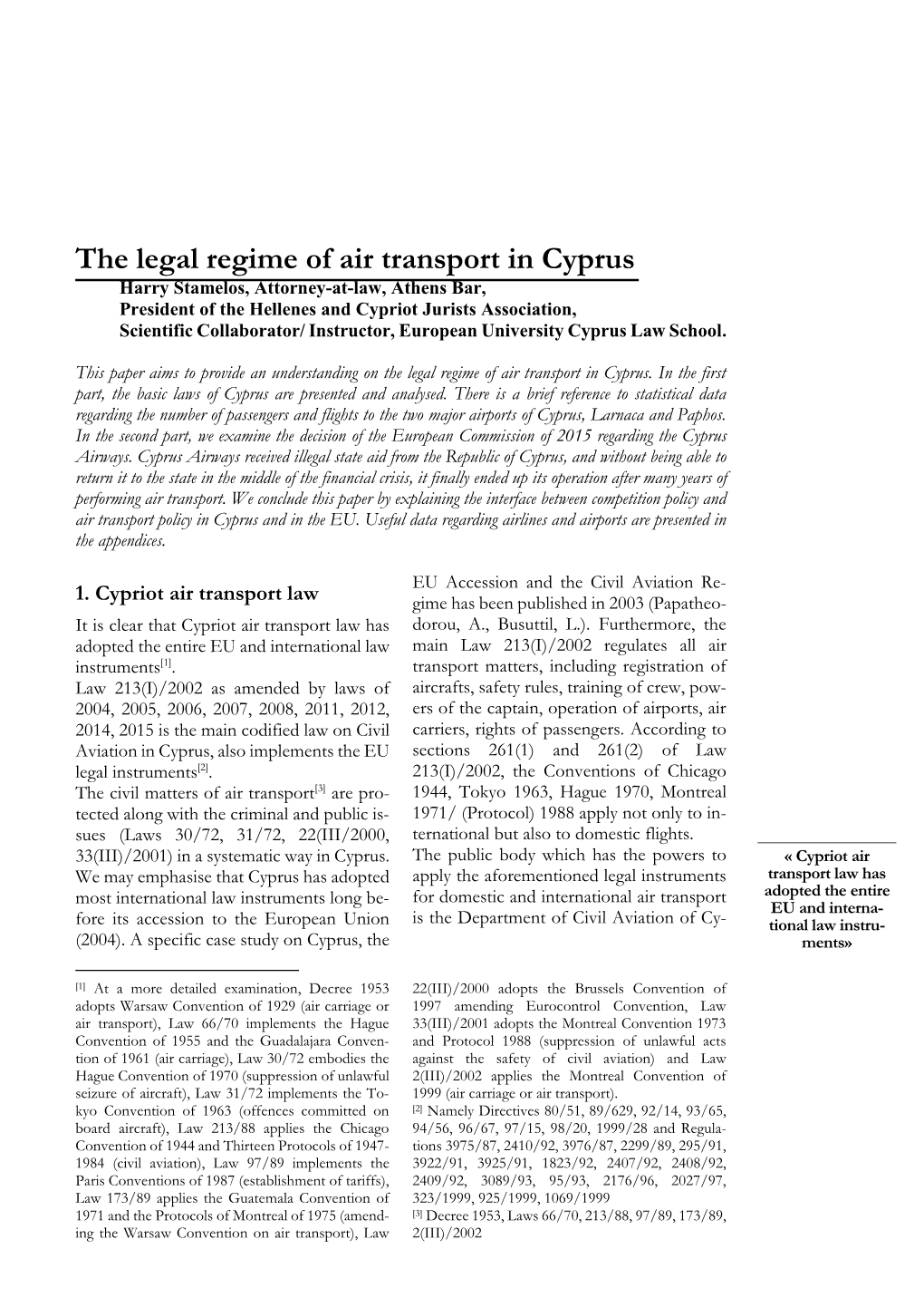 The Legal Regime of Air Transport in Cyprus