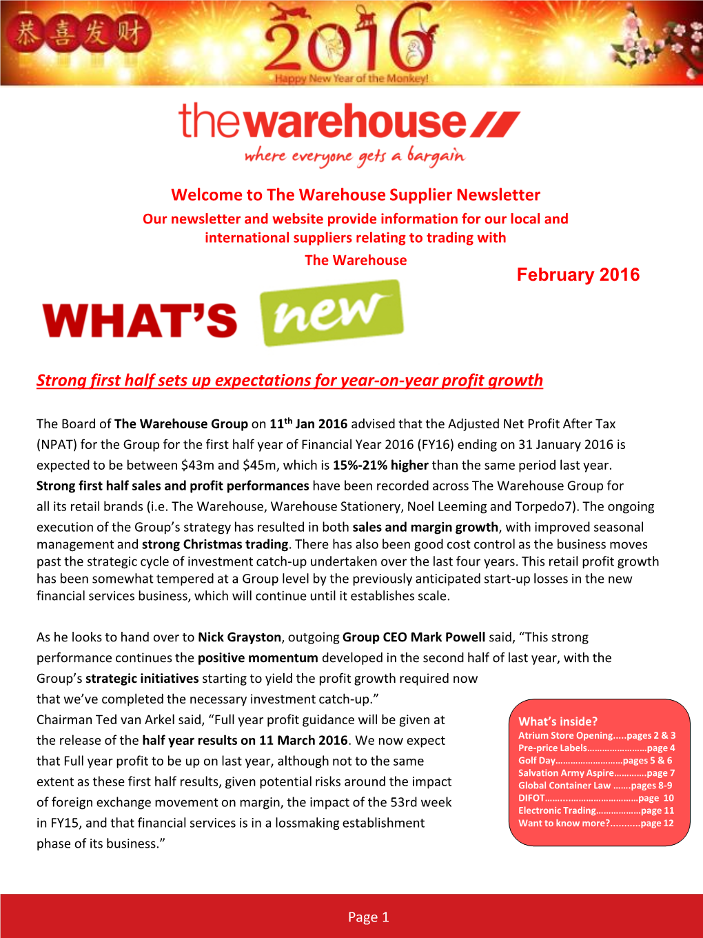 The Warehouse Supplier Newsletter February 2016 Strong First Half Sets