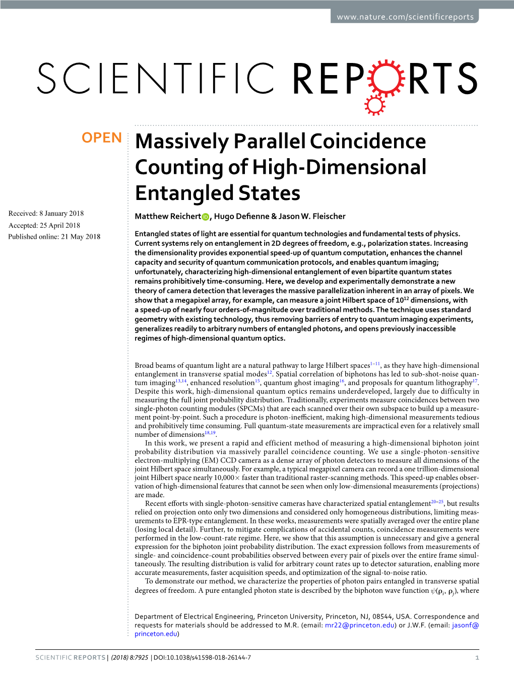 Massively Parallel Coincidence Counting of High-Dimensional Entangled States Received: 8 January 2018 Matthew Reichert , Hugo Defenne & Jason W