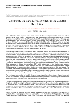 Comparing the New Life Movement to the Cultural Revolution Written by Mike Pitstick