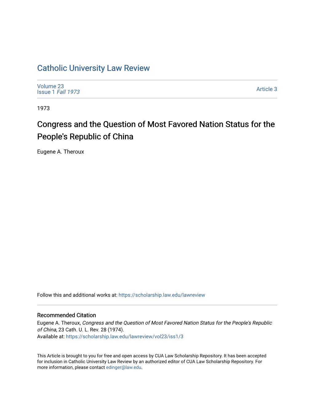 Congress and the Question of Most Favored Nation Status for the People's Republic of China