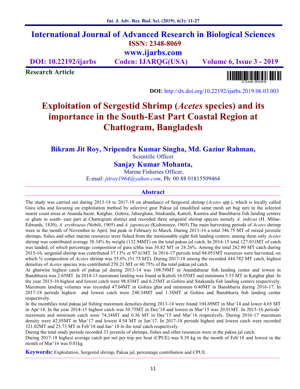 Exploitation of Sergestid Shrimp (Acetes Species) and Its Importance in the South-East Part Coastal Region at Chattogram, Bangladesh