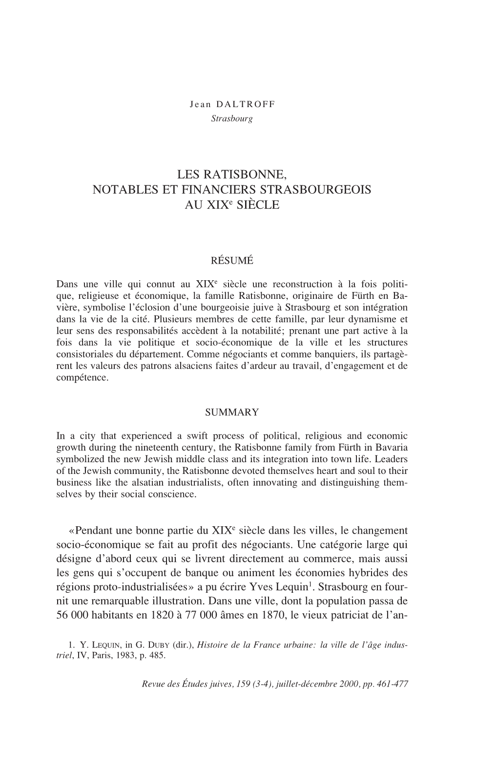 LES RATISBONNE, NOTABLES ET FINANCIERS STRASBOURGEOIS AU Xixe SIÈCLE