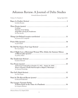 Arkansas Review: a Journal of Delta Studies (Formerly Kansas Quarterly) Volume 52, Number 1 Spring/April 2021 Bugs of a Feather (Fiction)