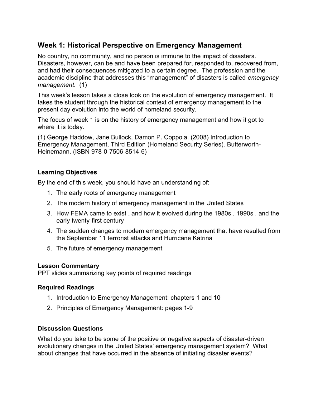 Week 1: Historical Perspective on Emergency Management