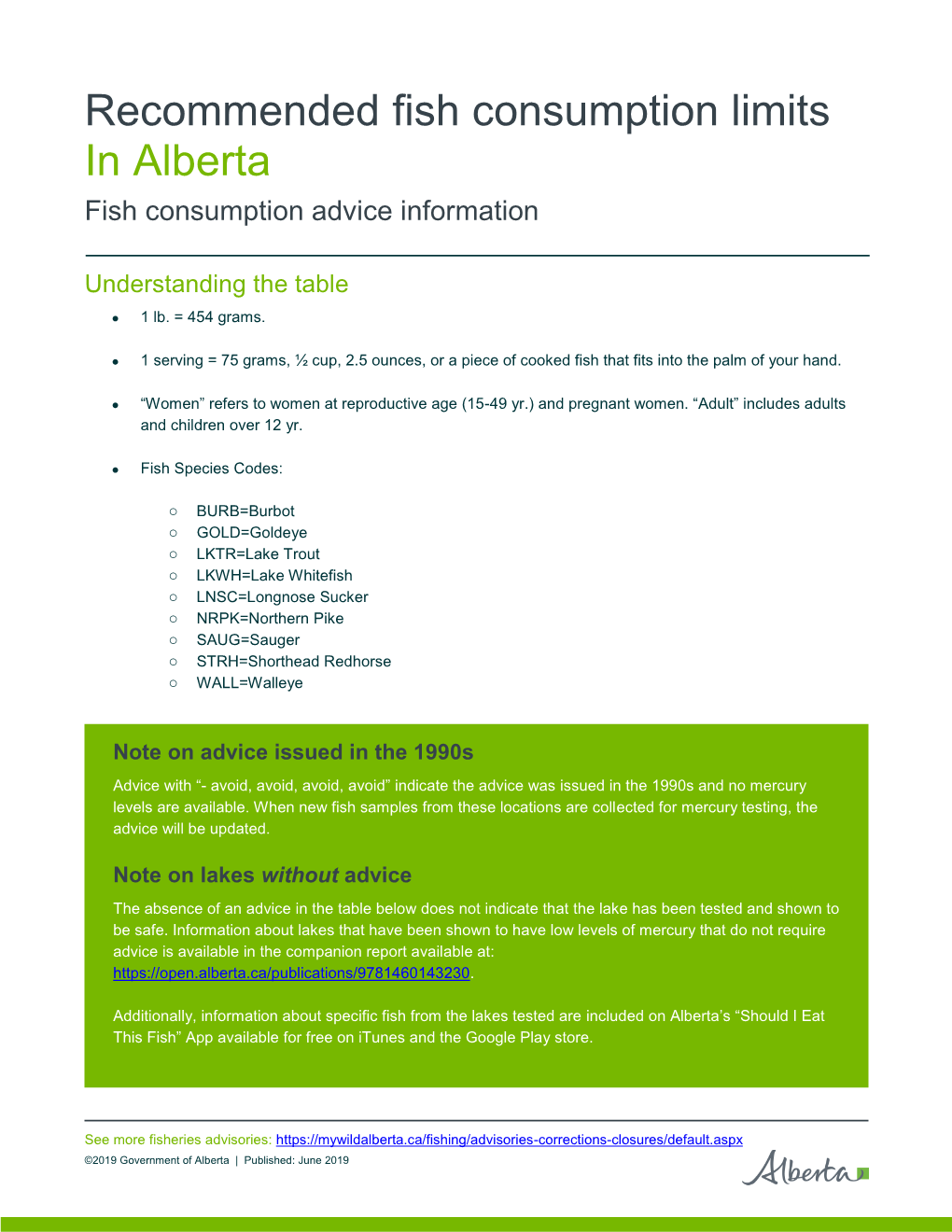 Recommended Fish Consumption Limits in Alberta Fish Consumption Advice Information
