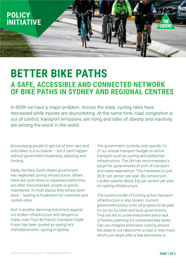 Better Bike Paths a Safe, Accessible and Connected Network of Bike Paths in Sydney and Regional Centres
