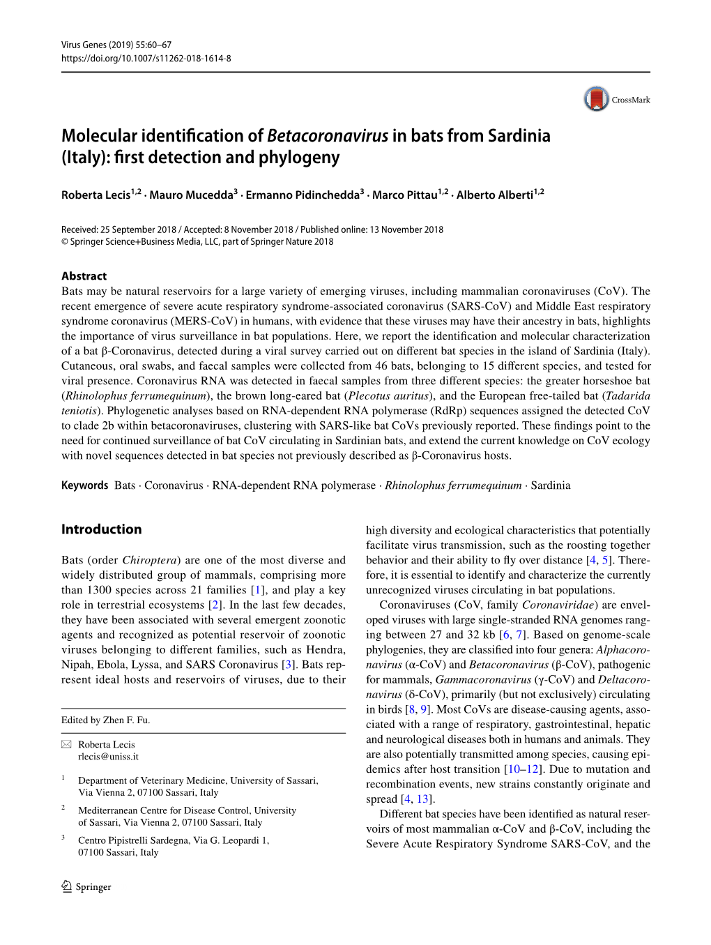 Molecular Identification of Betacoronavirus in Bats from Sardinia (Italy): First Detection and Phylogeny