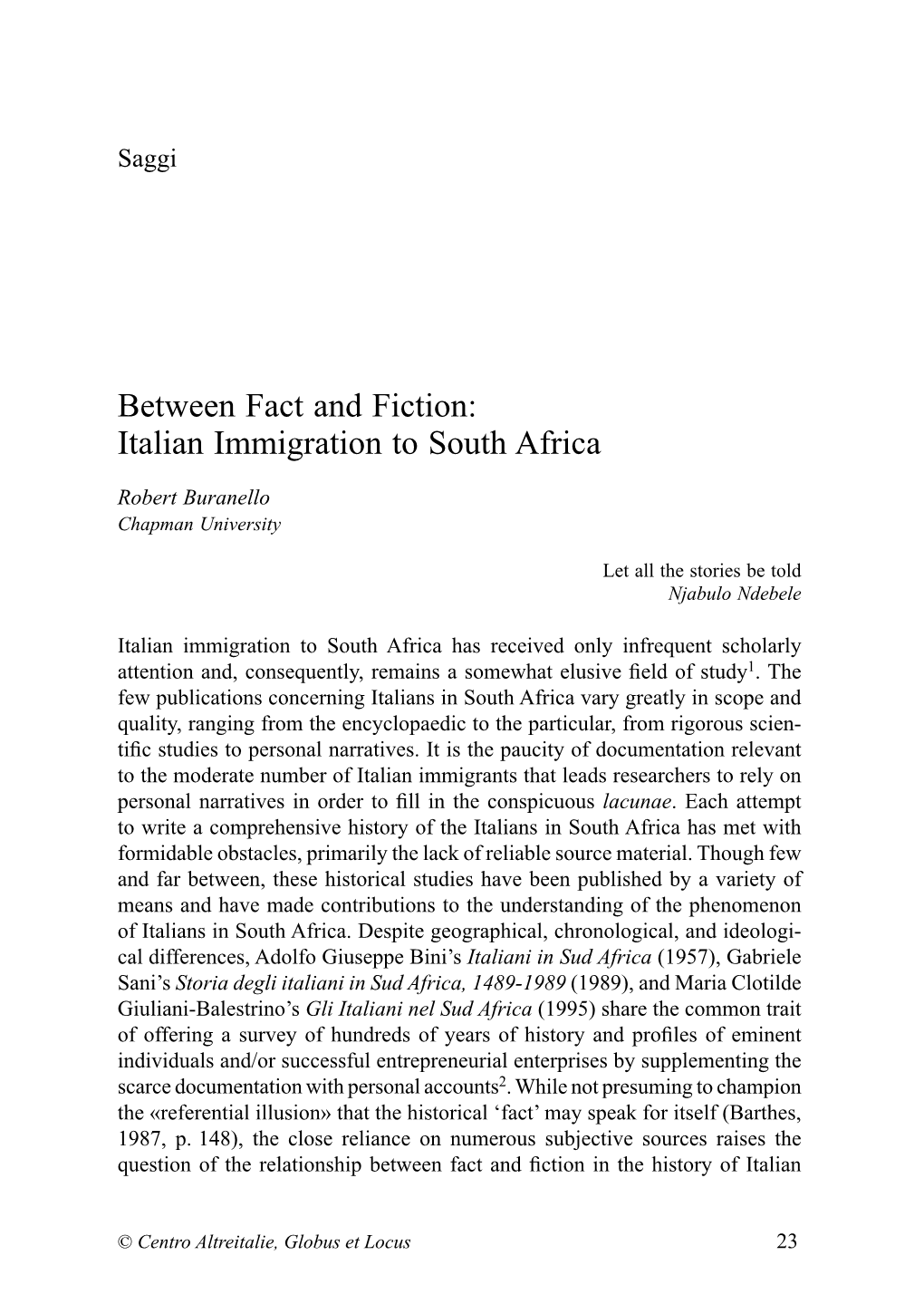 Between Fact and Fiction: Italian Immigration to South Africa