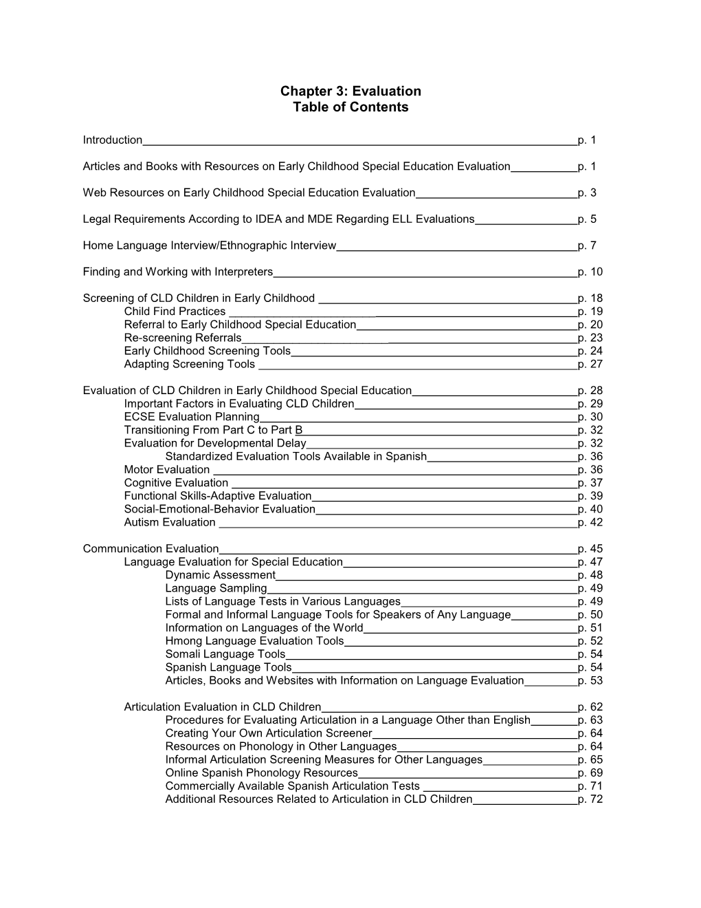 Evaluation Table of Contents