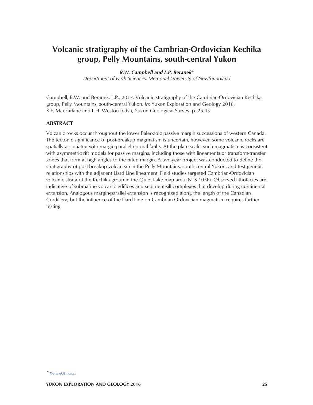 Volcanic Stratigraphy of the Cambrian-Ordovician Kechika Group, Pelly Mountains, South-Central Yukon