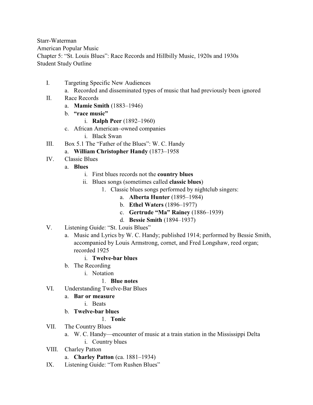 Starr-Waterman American Popular Music Chapter 5: “St. Louis Blues”: Race Records and Hillbilly Music, 1920S and 1930S Student Study Outline