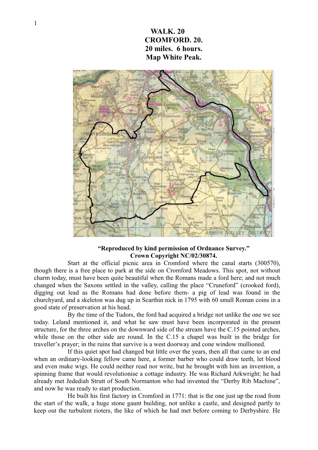 WALK. 20 CROMFORD. 20. 20 Miles. 6 Hours. Map White Peak