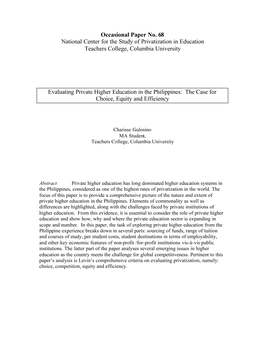 Occasional Paper No. 68 National Center for the Study of Privatization in Education Teachers College, Columbia University