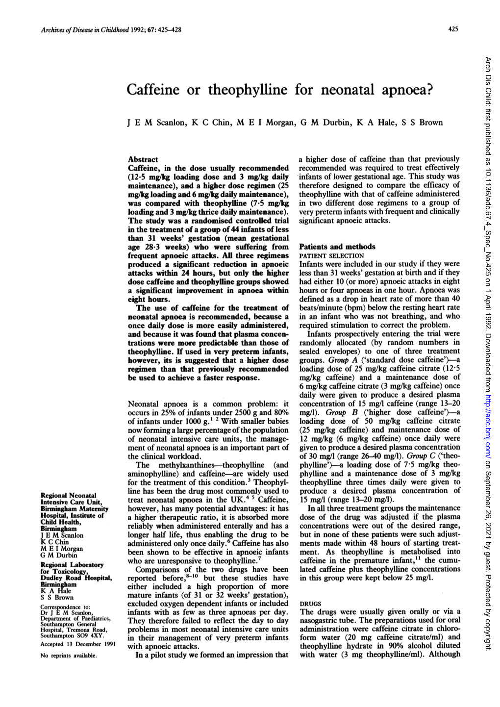 Caffeine Or Theophylline for Neonatal Apnoea?