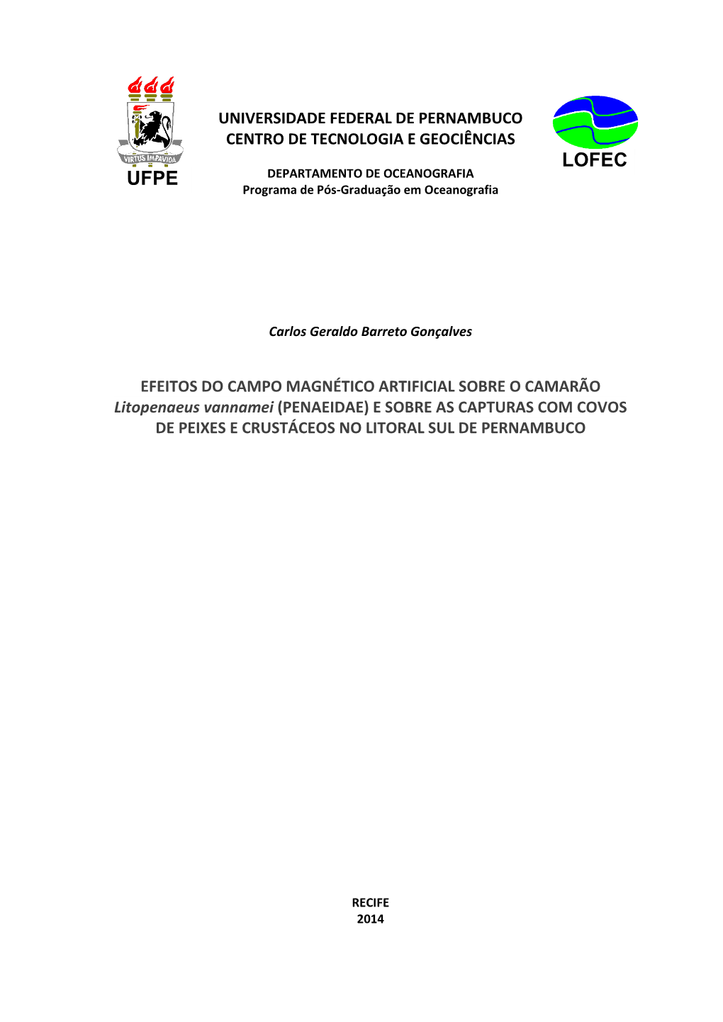 LOFEC UFPE DEPARTAMENTO DE OCEANOGRAFIA Programa De Pós-Graduação Em Oceanografia