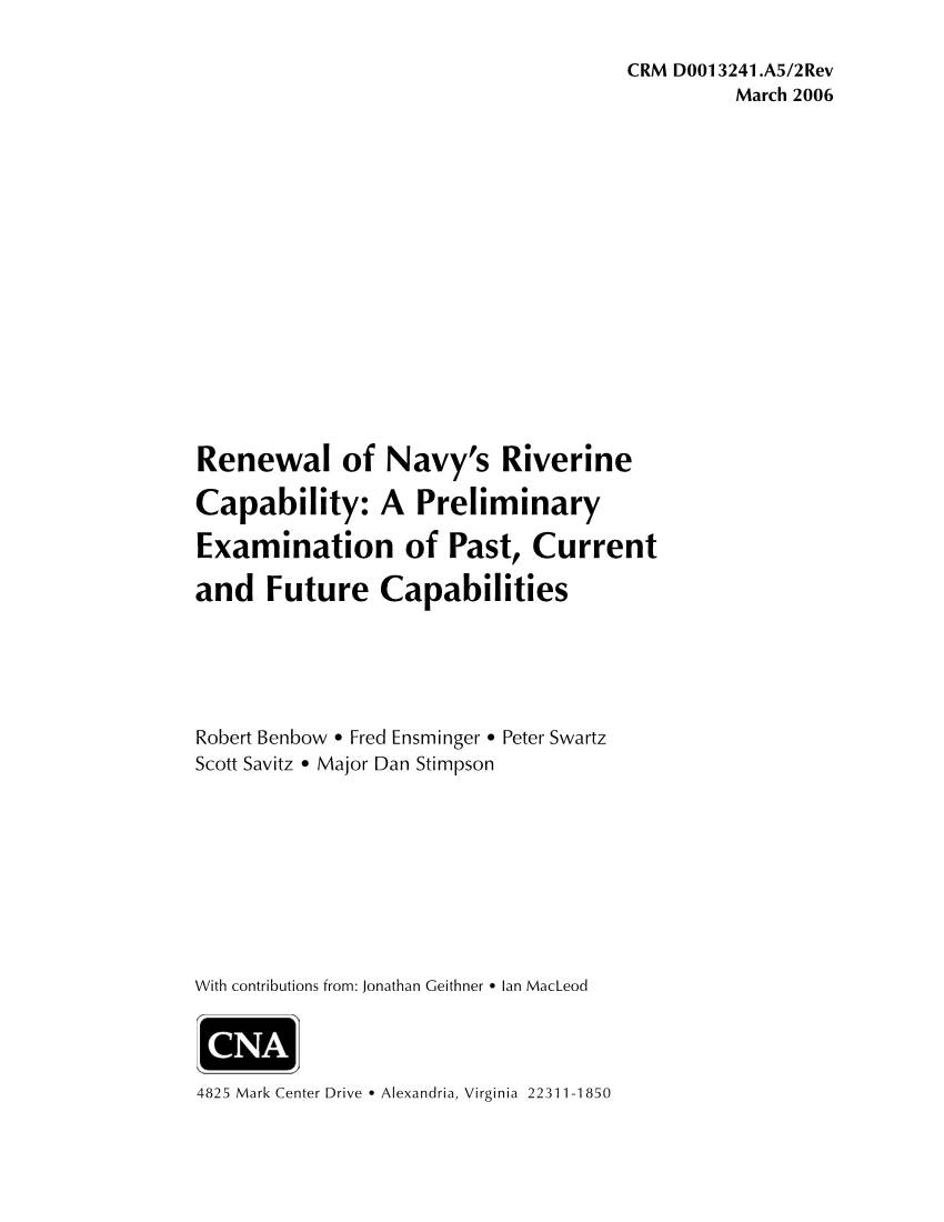 Renewal of Navy's Riverine Capability: a Preliminary Examination of Past