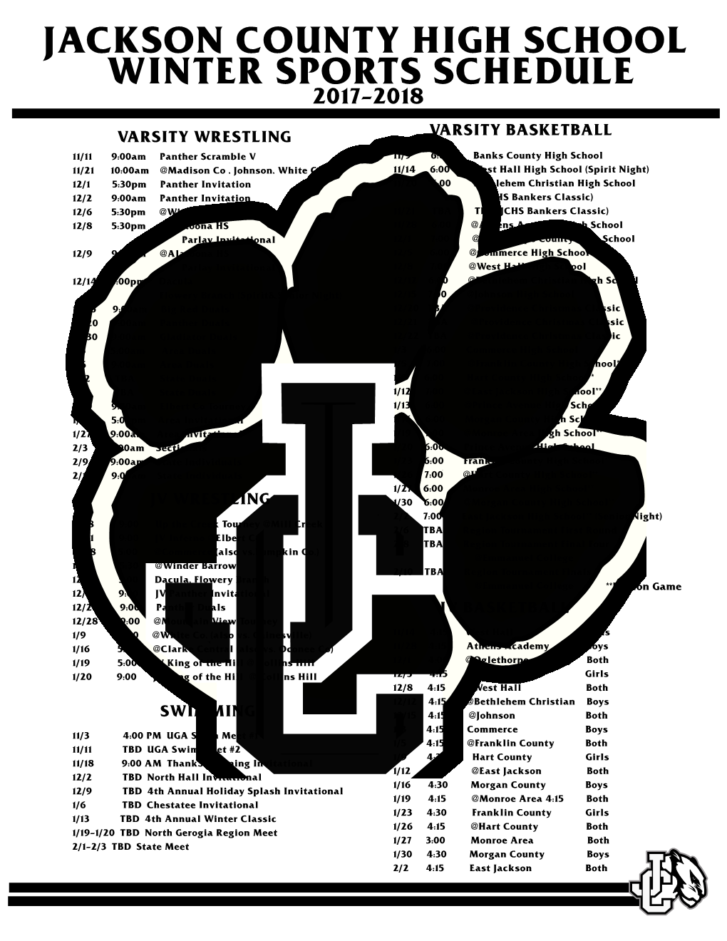 Jackson County High School Winter Sports Schedule 2017-2018