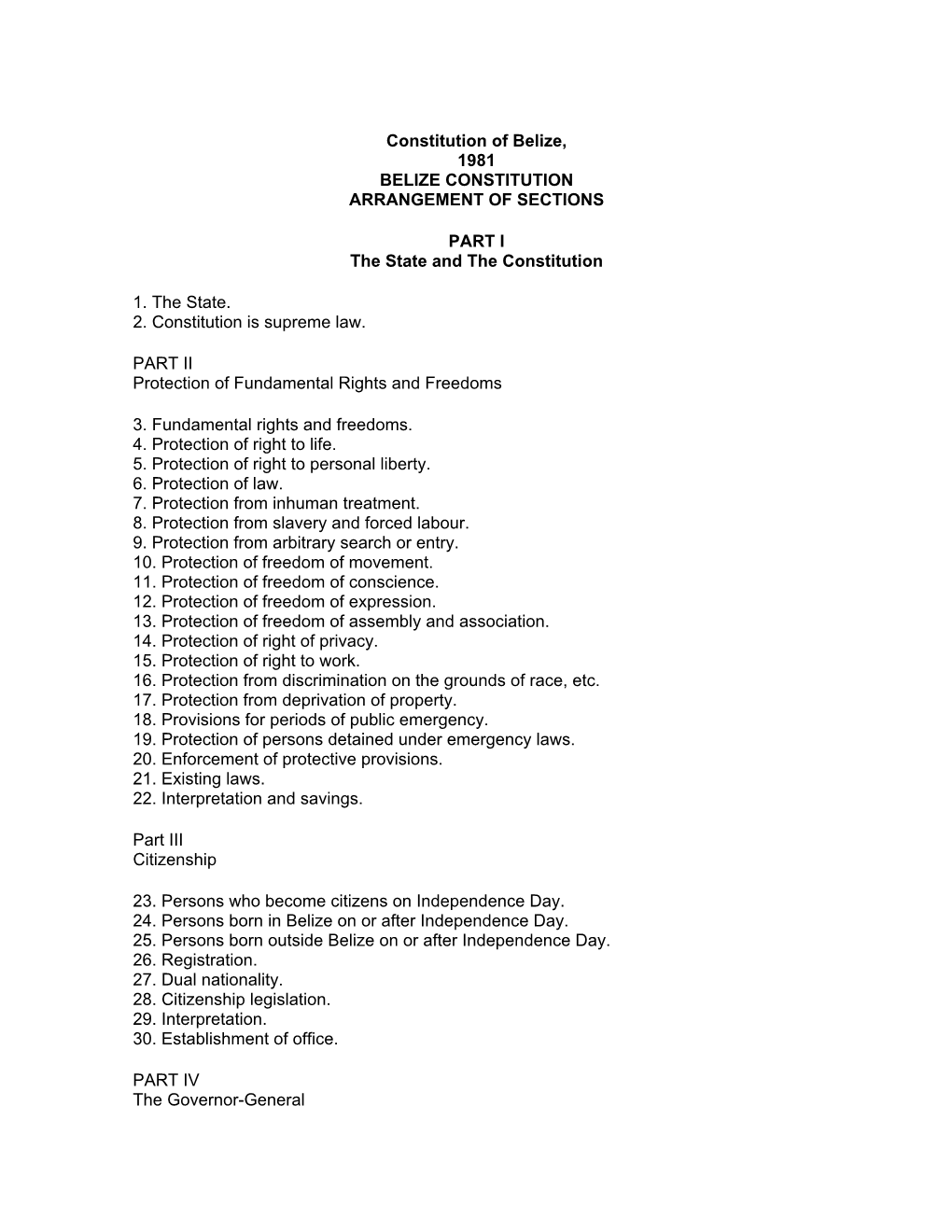 Constitution of Belize, 1981 BELIZE CONSTITUTION ARRANGEMENT of SECTIONS